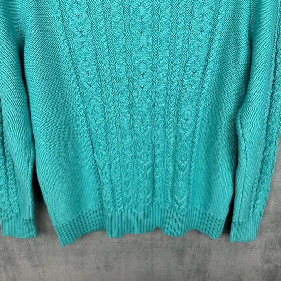 LL Bean Sweater Womens Large Teal Cable Knit Full Zip Cardigan Fisherman Cotton - Picture 6 of 14